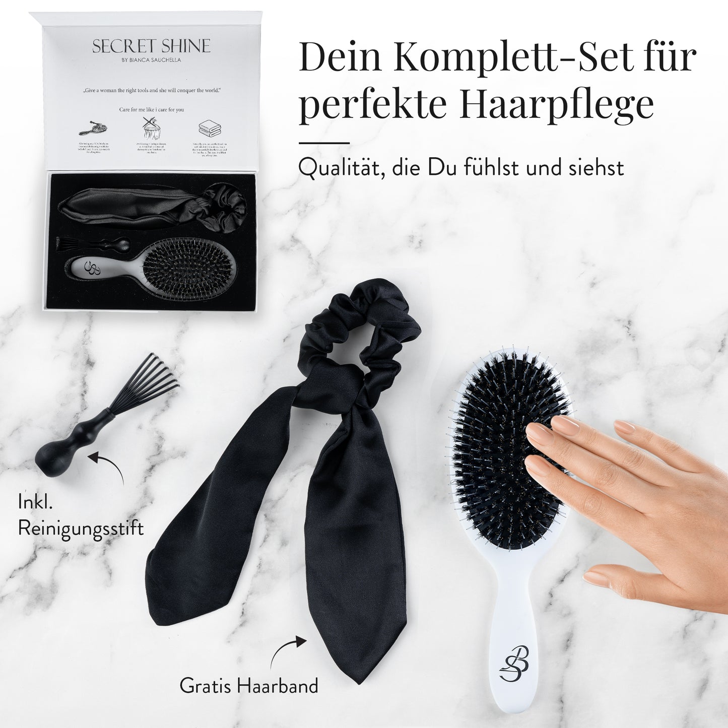 Extensions Bürste für Echthaar&Eigenhaar Bianca Sauchella Secret Shine Wildschweinborsten & Keratin Stifte Haarbürste ohne Ziepen Anti Frizz schonend für Tape In Bonding & Clip In Extensions