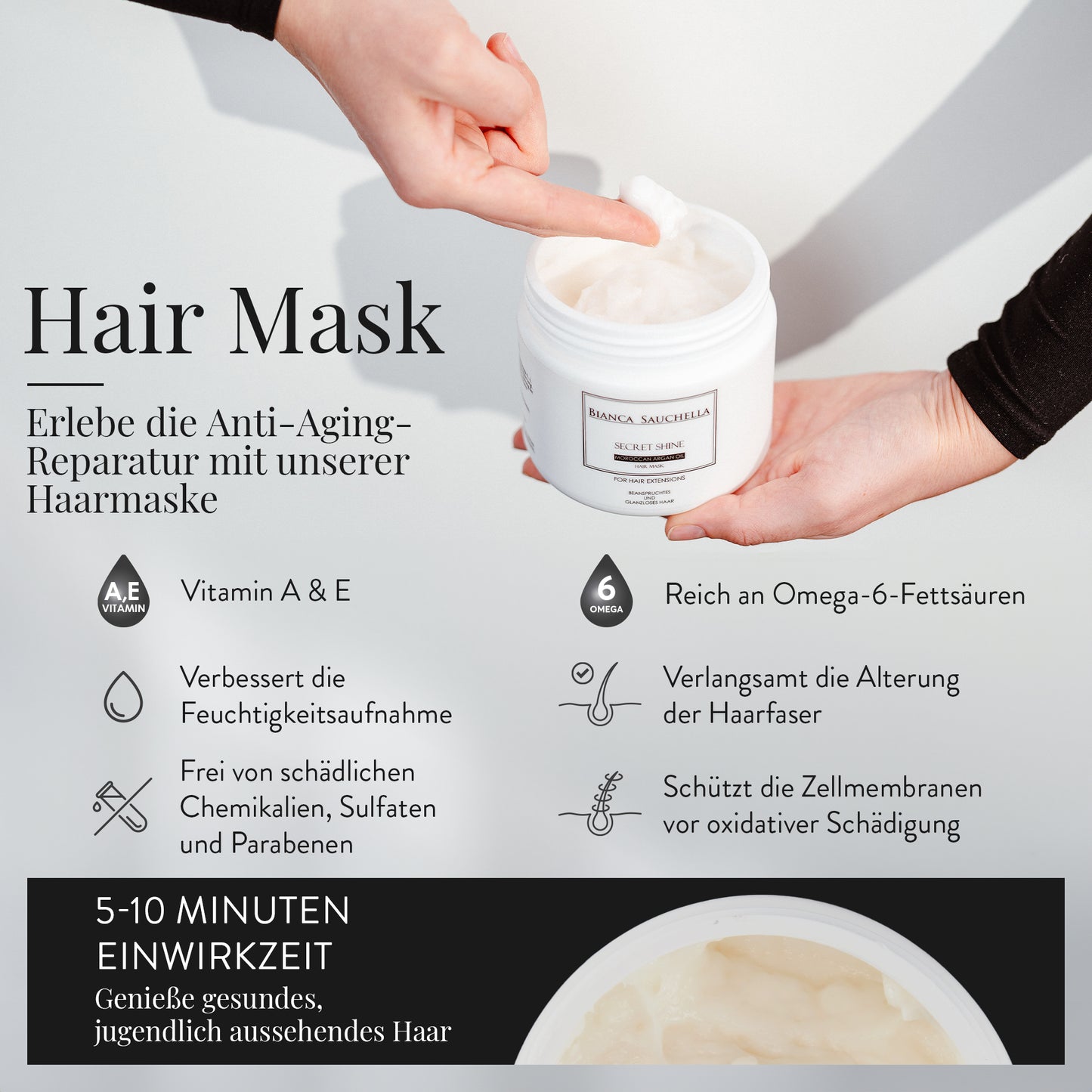 Moroccanoil Haarmaske in eleganter Verpackung auf weißem Hintergrund. Die reichhaltige Haarmaske mit Arganöl versorgt trockenes und strapaziertes Haar mit intensiver Feuchtigkeit und Pflege. Ideal für geschädigtes Haar, sorgt die Maske für Glanz, Geschmeidigkeit und tiefen Wiederaufbau. Perfekte Haarpflege für feines bis dickes Haar.