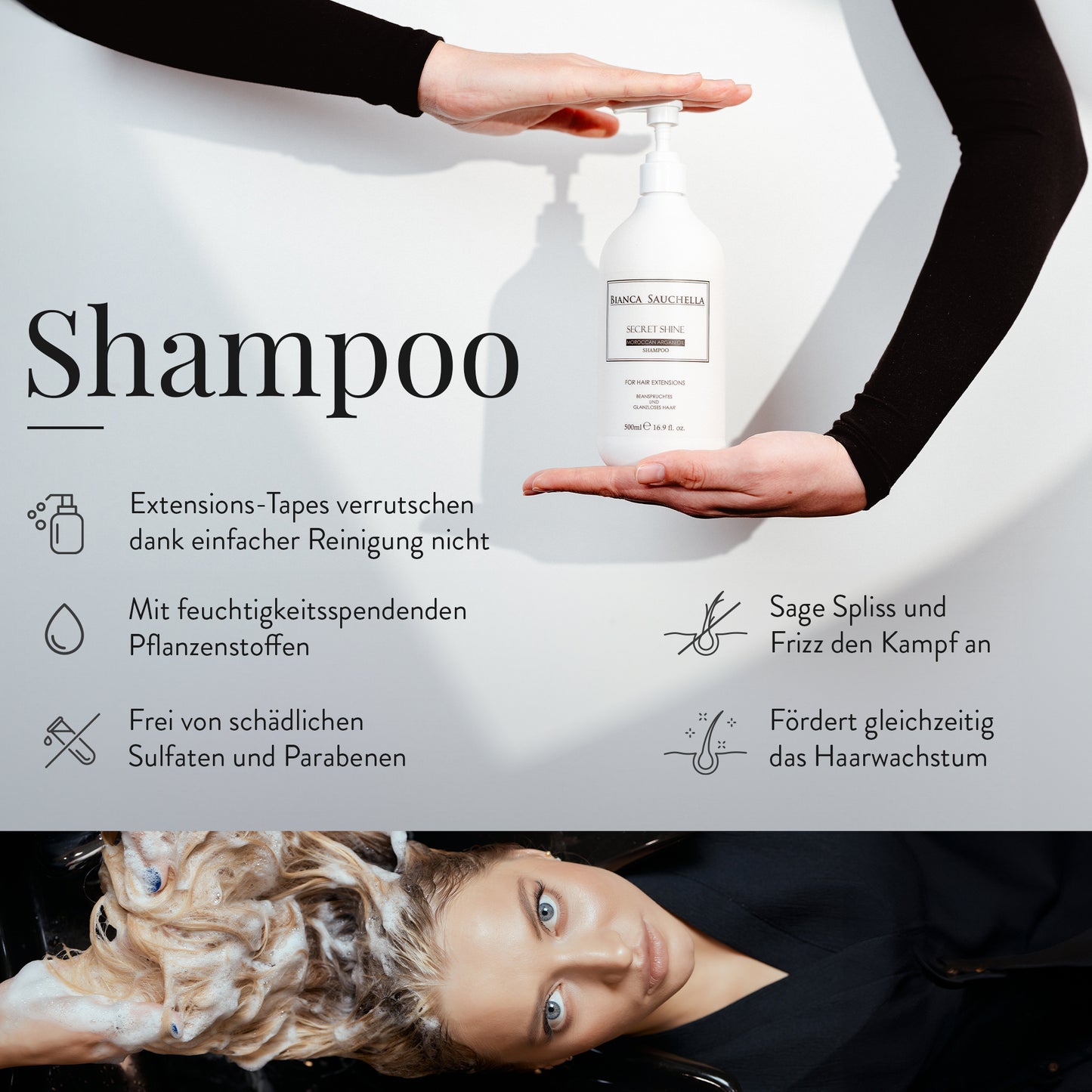 Eine luxuriöse Flasche Moroccanoil Haarshampoo mit pflegendem Arganöl vor einem eleganten Schwarz-Weiß-Hintergrund. Das Shampoo spendet intensive Feuchtigkeit, repariert trockenes und strapaziertes Haar und verleiht Geschmeidigkeit und Glanz. Ideal für alle Haartypen, um das Haar zu revitalisieren und zu pflegen.