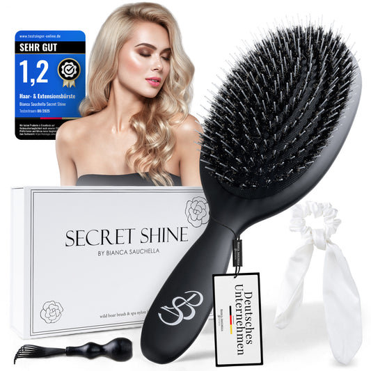 Extensions Bürste für Echthaar&Eigenhaar Bianca Sauchella Secret Shine Wildschweinborsten & Keratin Stifte Haarbürste ohne Ziepen Anti Frizz schonend für Tape In Bonding & Clip In Extensions (Schwarz)