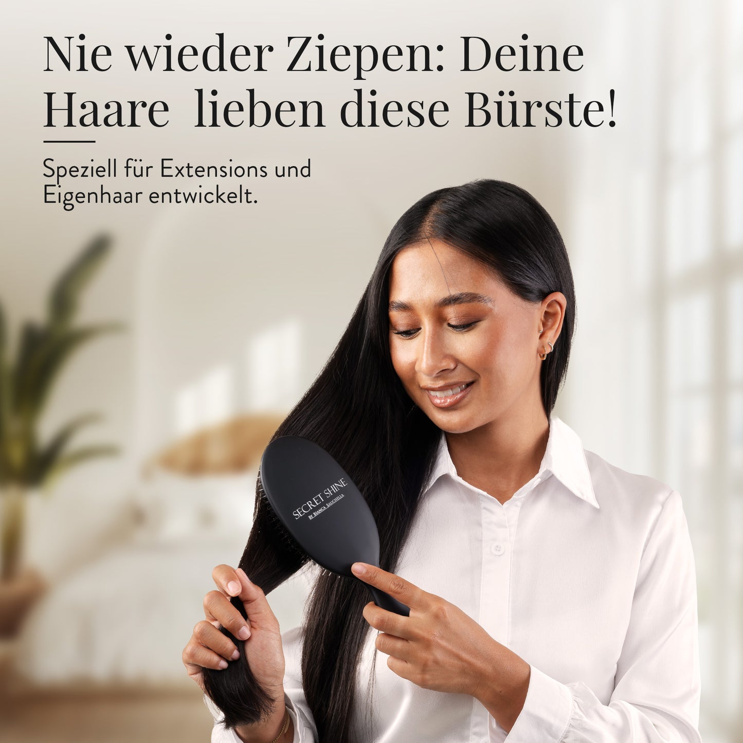 Extensions Bürste für Echthaar&Eigenhaar Bianca Sauchella Secret Shine Wildschweinborsten & Keratin Stifte Haarbürste ohne Ziepen Anti Frizz schonend für Tape In Bonding & Clip In Extensions (Schwarz)