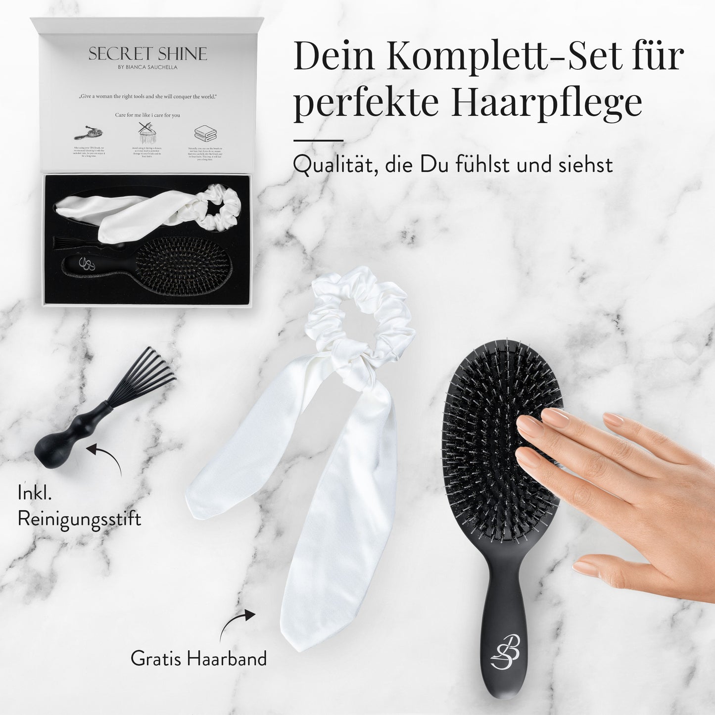 Extensions Bürste für Echthaar&Eigenhaar Bianca Sauchella Secret Shine Wildschweinborsten & Keratin Stifte Haarbürste ohne Ziepen Anti Frizz schonend für Tape In Bonding & Clip In Extensions (Schwarz)