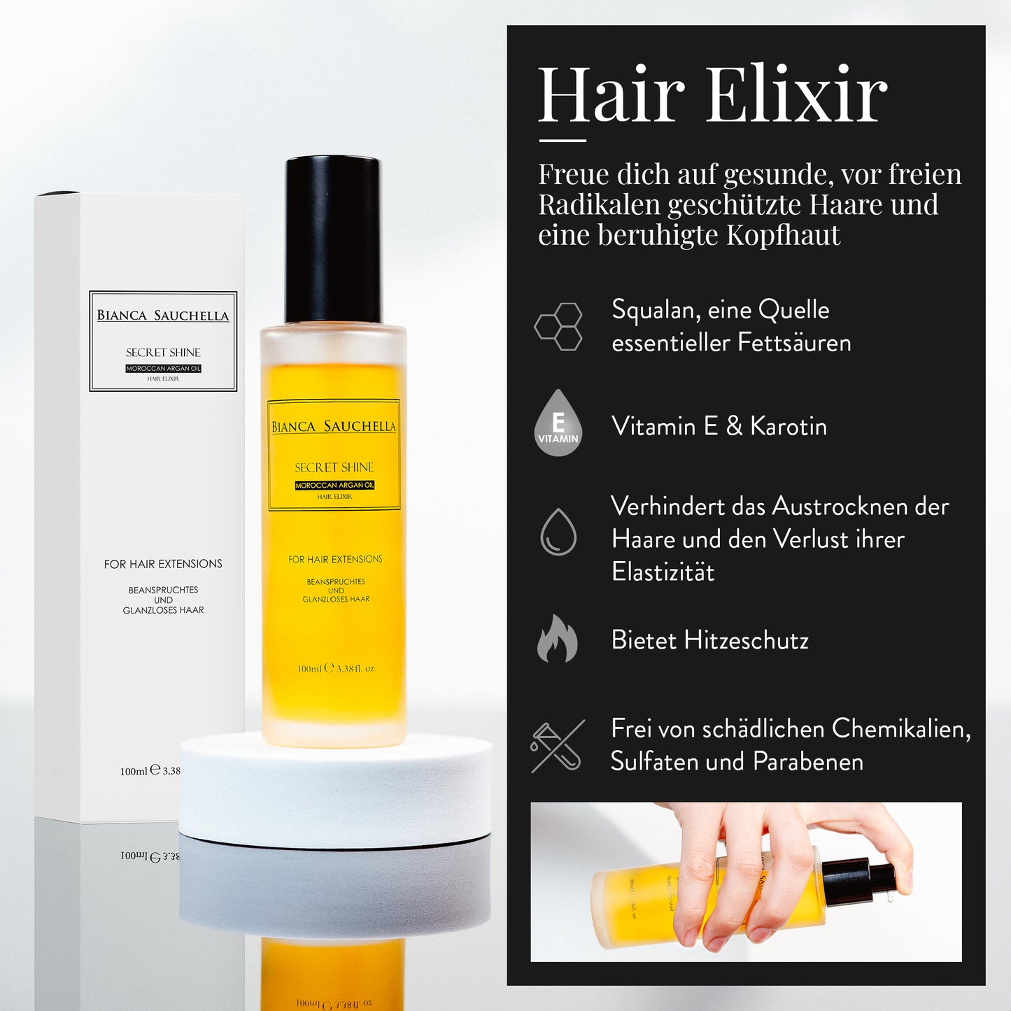 Moroccanoil Haaröl Flasche vor schwarzem und weißem Hintergrund. Arganöl-basiertes Pflegeöl für glatte, geschmeidige und glänzende Haare. Ideal zur Haarpflege, Feuchtigkeitsspende und gegen Frizz. Perfekt für trockene, strapazierte oder geschädigte Haare.