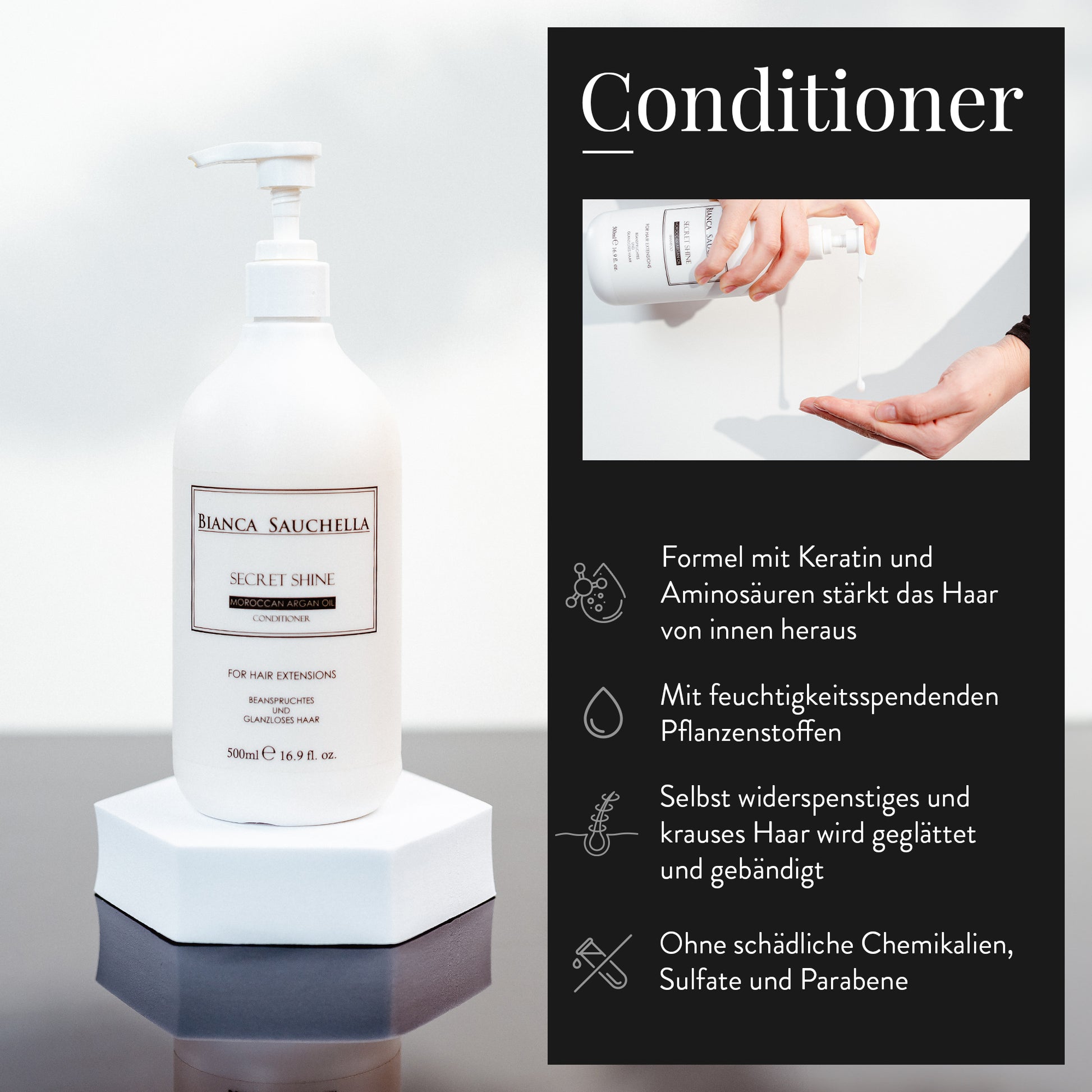 Moroccanoil Conditioner in eleganter Verpackung auf einem Marmortisch. Der pflegende Conditioner für alle Haartypen ist angereichert mit Arganöl, spendet Feuchtigkeit, repariert geschädigtes Haar und sorgt für seidig-glänzende Ergebnisse. Ideal für trockenes, strapaziertes Haar. Conditioner für weiches, gesundes Haar. Beste Pflege für glattes, glänzendes Haar.