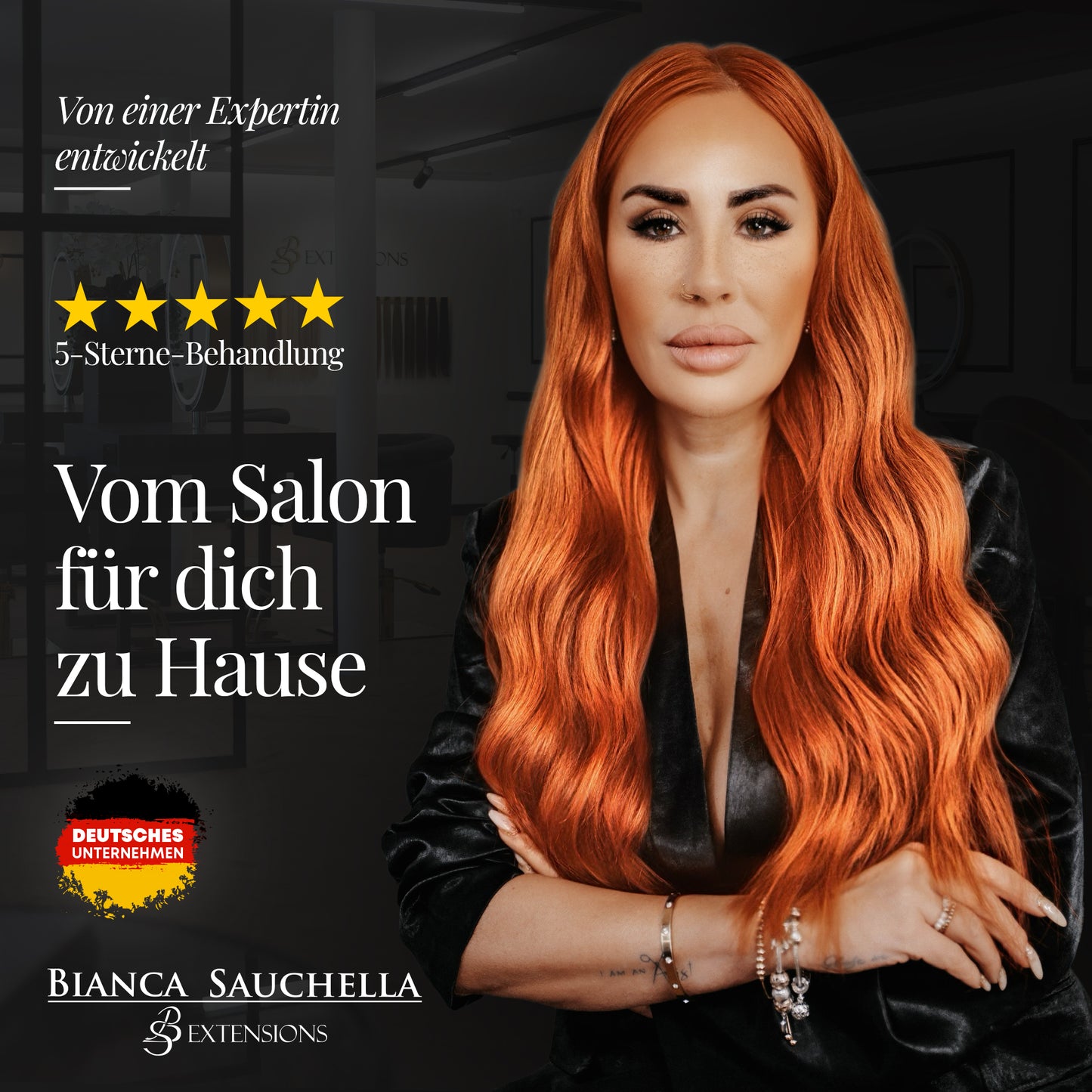 Ein stilvolles Bild der Inhaberin der Marke Moroccanoil, Bianca Sauchella, Das Bild vermittelt Eleganz und Luxus und zeigt die hochwertige Textur des Produkts. Bianca, bekannt für ihre Expertise im Bereich Haarpflege, strahlt Selbstvertrauen aus und hebt die Wirksamkeit von Moroccanoil hervor.

